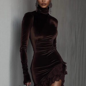 New European And American-style Velvet Turt Leneck Slim-fit Dress