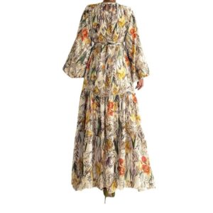 Floral-print Long-sleeve Chic And Elegant Robe Dress