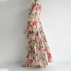 Floral-print Long-sleeve Chic And Elegant Robe Dress