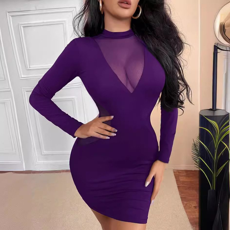 Mesh Stitching Slim Fit Elastic See-through Hip Skirt Sexy Tight Dress