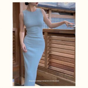 Retro Sleeveless Knitted Vest Women's Waist-Cinching Slimming Sheath Dress