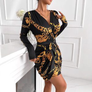 Long-sleeve V-neck Stretchy Hip-hugging Short Dress For Banquets