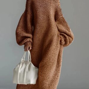 Crew-neck Loose-fit Lantern-sleeve Long Knit Sweater Dress