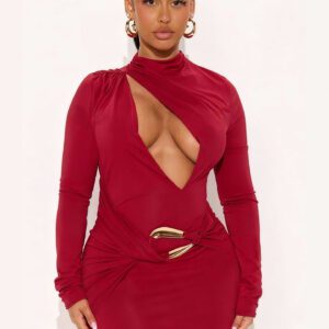 Half-high-neck Hollow-out Metal-button Long-sleeve Dress