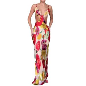 New Women’s Fashion Sexy Sassy Spaghetti-strap V-neck Luxury Printed Maxi Dress