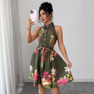 Women’s Casual Printed Waist-Cinching Halter-Neck Lace-Up Dress