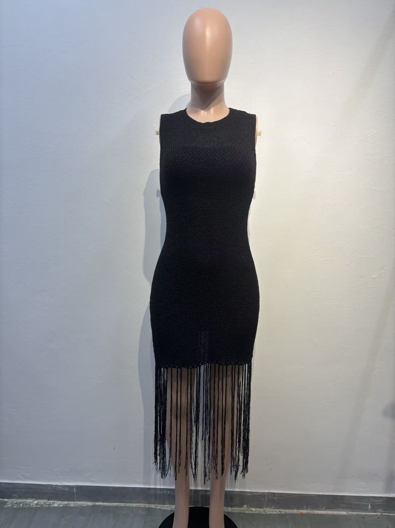 Women's Slim Fit Elastic Mid-Length Beach Cover-Up Tassel Knit Dress – Image 2