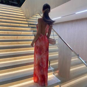 Fashionable Backless Sleeveless Halter Neck Women’s Dress Evening Gown