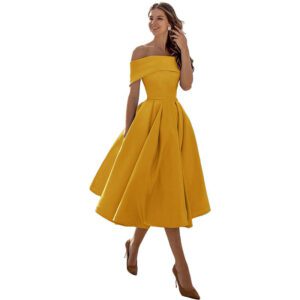 Women’s Fashion Casual Strapless Satin Party Dress Off The Shoulder Tea Length Satin Prom Dresses With Pockts Formal Evening Party Dress