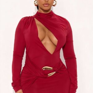 Half-high-neck Hollow-out Metal-button Long-sleeve Dress