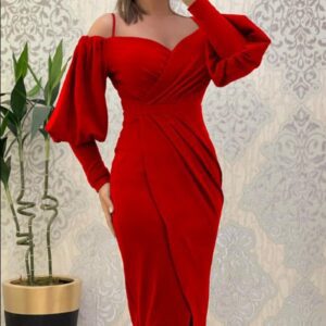 Women’s Strapless Halter Neck Lantern-sleeve Waist Cinching Pleated Dress