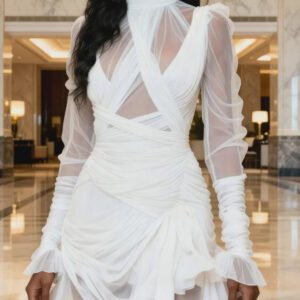 Women’s Ruffle Trimmed High Neck Pleated Patchwork Dress