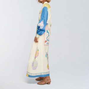 Women’s Printed Long-Sleeve Waist-Cinching V-Neck Dress