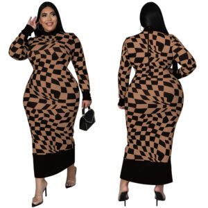 Women’s Crew-Neck Plaid Printed Long-Sleeve Elegant Dress