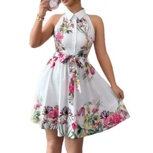 Women’s Casual Printed Waist-Cinching Halter-Neck Lace-Up Dress
