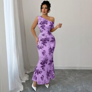 New Arrival Printed Off-shoulder High-waist Sheath Dress