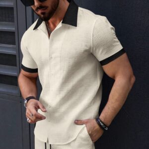 Stylish Mens Jacquard Color-block Casual Short-sleeve Shirt