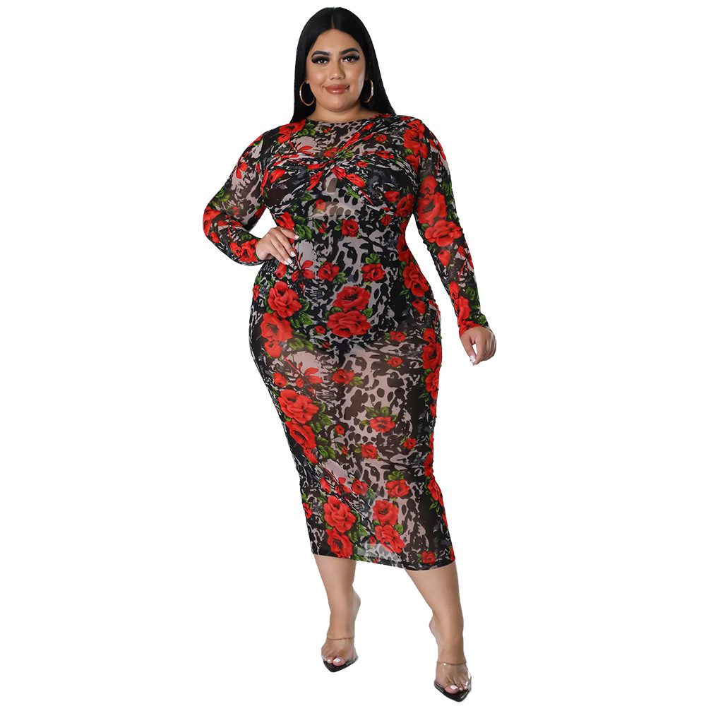 Round-neck Stretchy See-through Sheath Dress With A Printed Design - Image 3