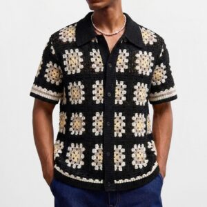 Mens Short-Sleeve Contrasting Color Crochet Hollow-Out Knit Sweater