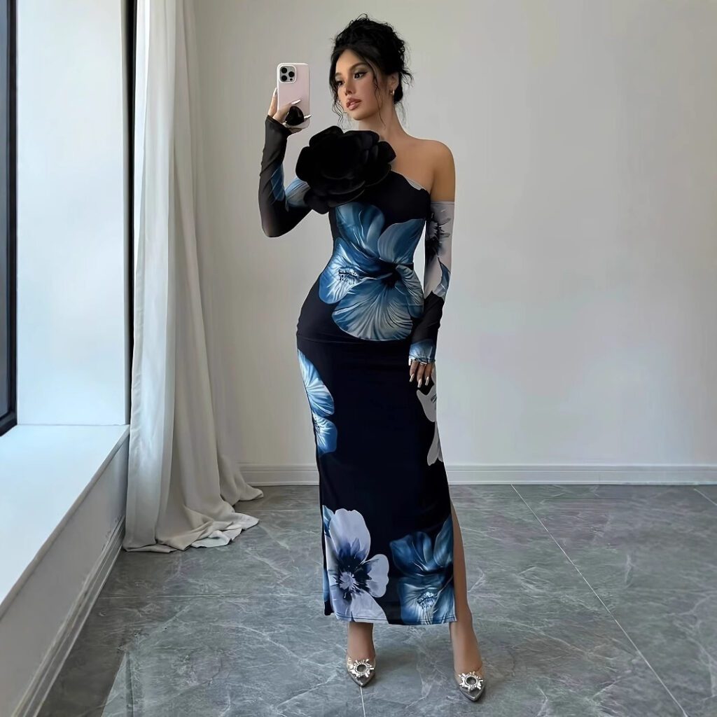 Women’s One-shoulder Floral-print Mesh Maxi Dress