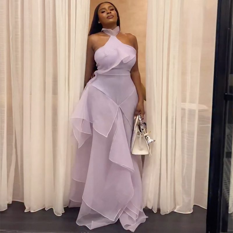 New Stylish Halterneck Off-shoulder Waist-cinching Ruffled Patchwork Dress – Image 4