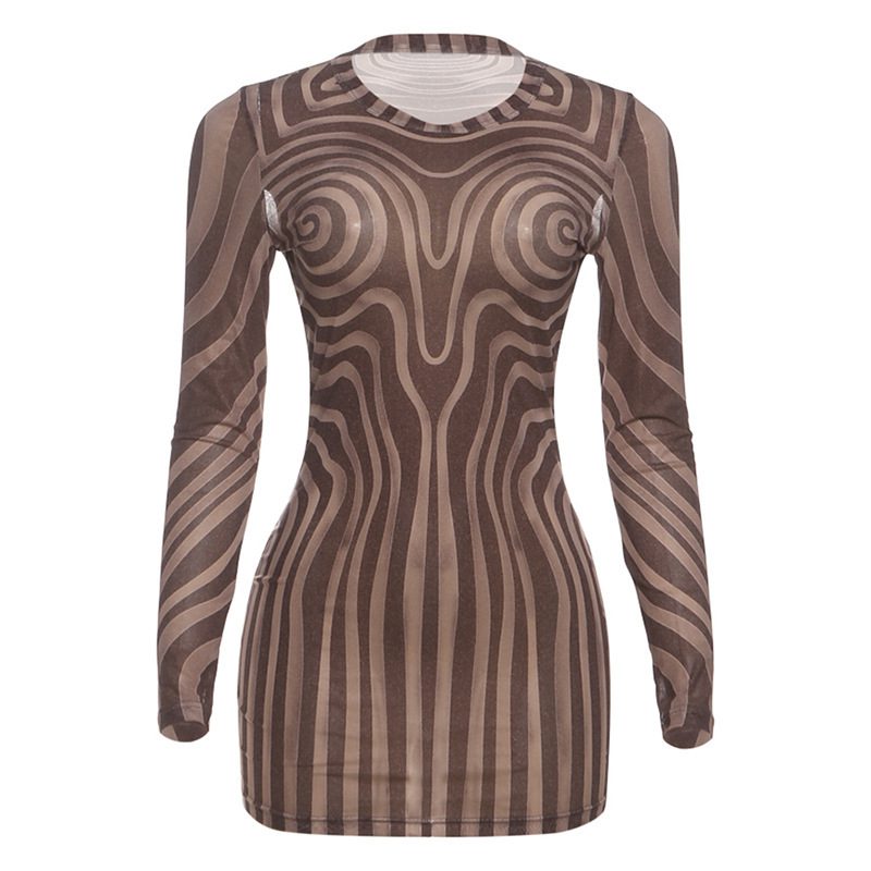 Chic And Sexy Mesh Sheer Striped Printed Bodycon Dress – Image 6