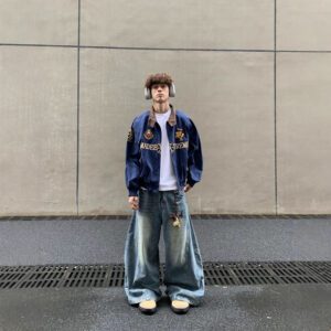 Streetwear Navy Blue Cropped Baseball Jacket