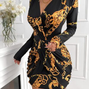 Long-sleeve V-neck Stretchy Hip-hugging Short Dress For Banquets