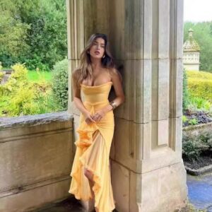 Quality Yellow Strap Lace Long Dress