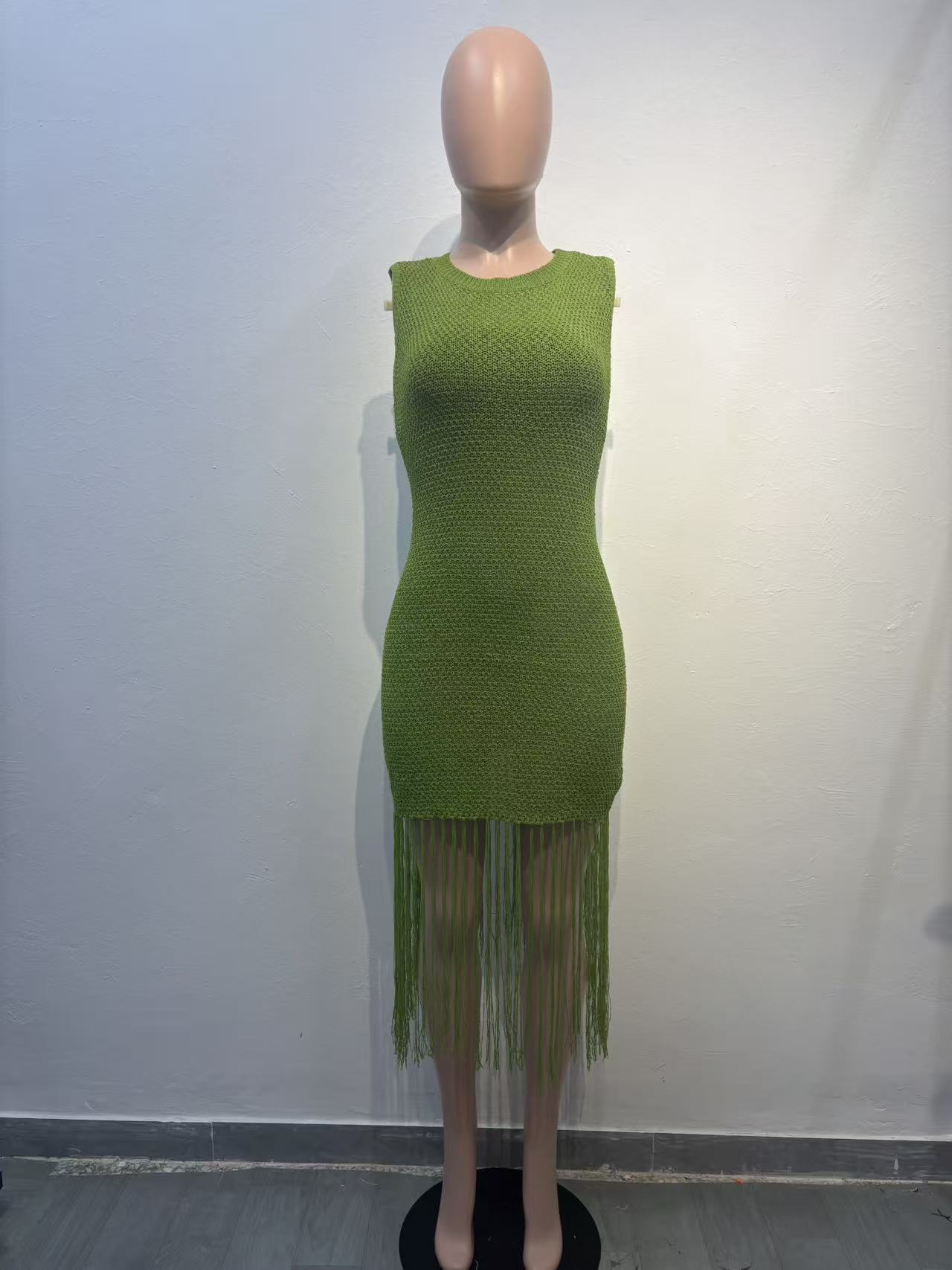 Women's Slim Fit Elastic Mid-Length Beach Cover-Up Tassel Knit Dress – Image 3