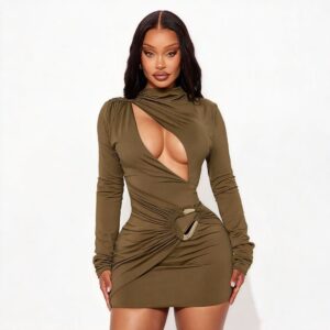 Half-high-neck Hollow-out Metal-button Long-sleeve Dress