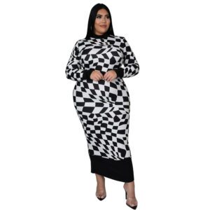 Women’s Crew-Neck Plaid Printed Long-Sleeve Elegant Dress
