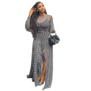 Split Sheath Skirt With A High Neck Sheer Long Sleeves And Dress