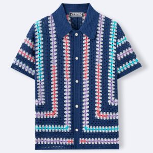 Mens Hollow-Out Cardigan Short-Sleeve Lapel Water-Soluble Knit Top
