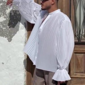 White Retro Stand-Collar Pleated Shirt