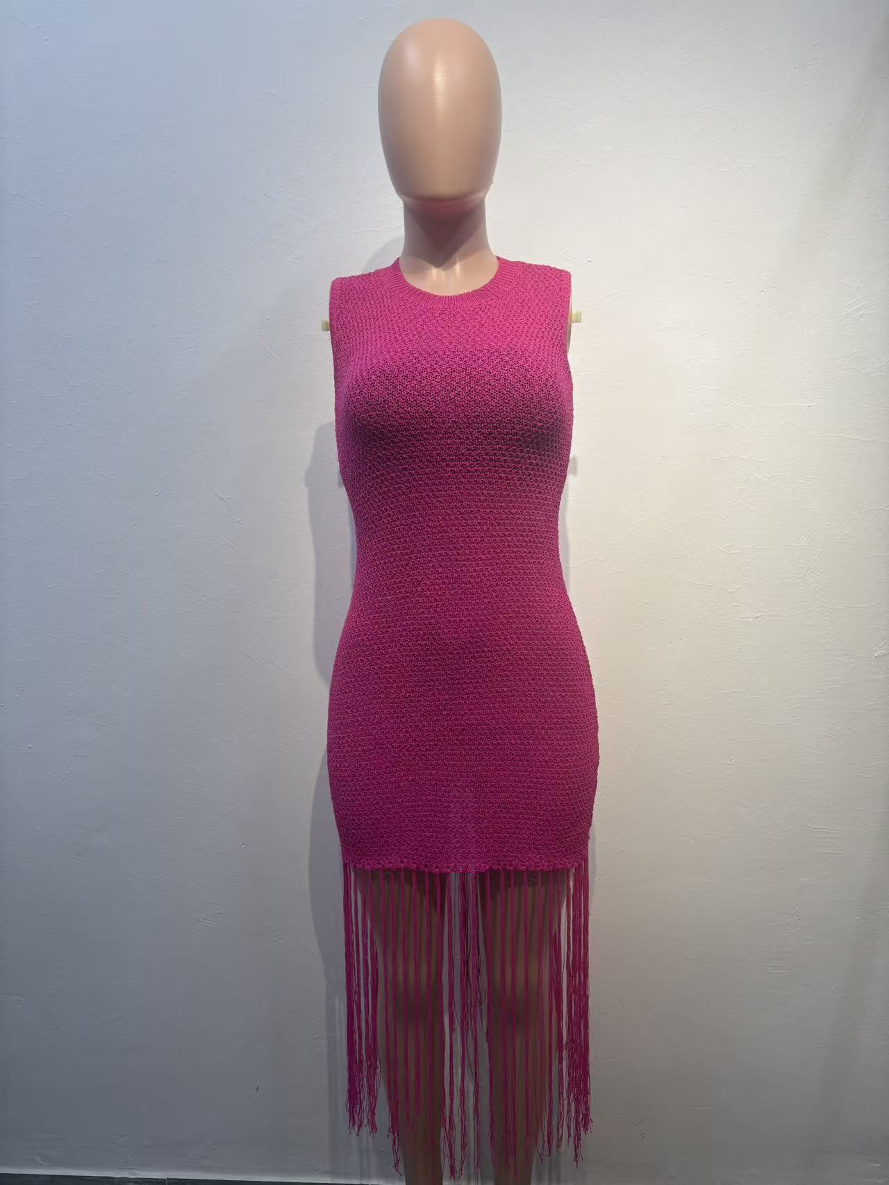 Women's Slim Fit Elastic Mid-Length Beach Cover-Up Tassel Knit Dress – Image 5