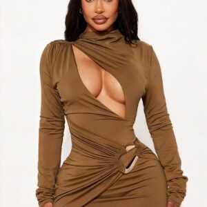 Half-high-neck Hollow-out Metal-button Long-sleeve Dress