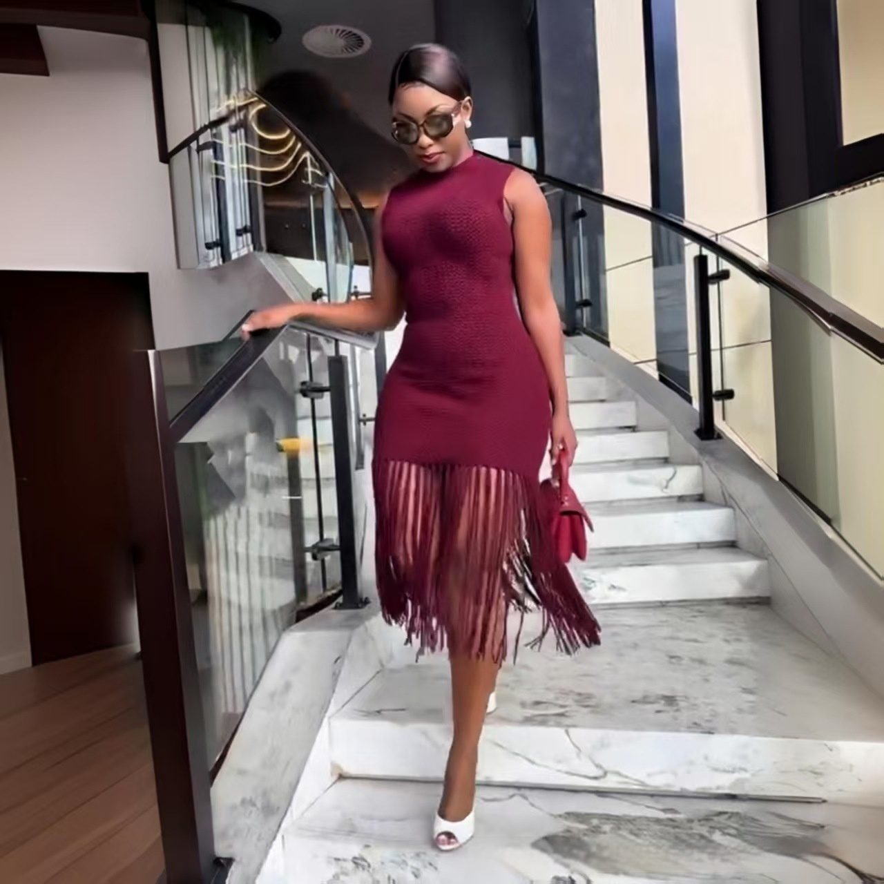 Women's Slim Fit Elastic Mid-Length Beach Cover-Up Tassel Knit Dress