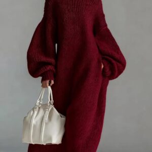 Crew-neck Loose-fit Lantern-sleeve Long Knit Sweater Dress