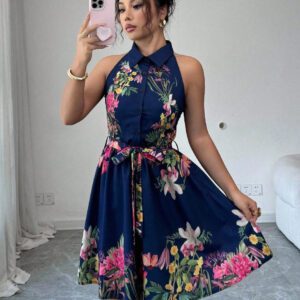 Women’s Casual Printed Waist-Cinching Halter-Neck Lace-Up Dress