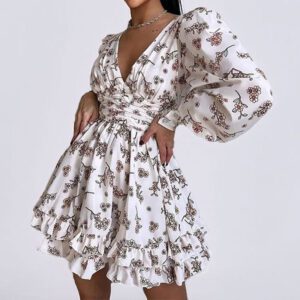 Women’s Printed Puff Sleeve Waist Cinching Dress