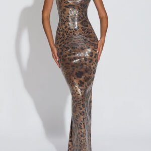 Women’s Backless Leopard-Print Bodycon Halter Maxi Dress