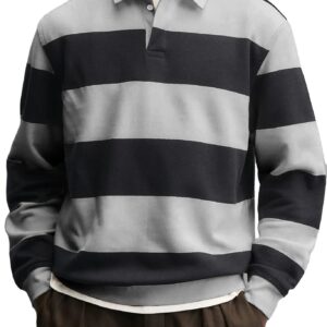 Mens Loose-collar Long-sleeved Striped T-shirt