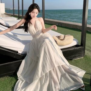 Deep V New Patchwork Slim Fit Slimming Spaghetti Straps Tiered-Ruffle Long Dress