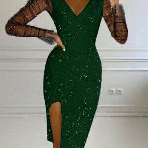 Hot-stone-embellished V-neck Sheath Mesh Dress For Women
