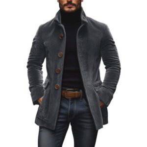 Men’s Jacket Winter Stand Collar Button-up Coat Casual Blazer Outerwear Clothing