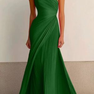 One-shoulder pleated long dress, flowing tight dress