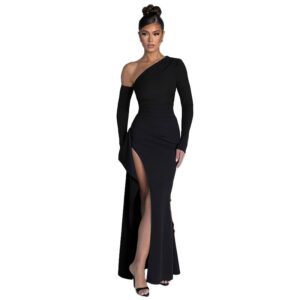 Women’s Knitted One-shoulder Long Sleeve Split Dress