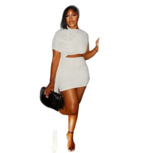 Solid-color Fashion Crew-neck Skirt Set Asymmetrical Top And Short Skirttwo Pieces