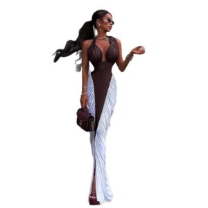 Autumn And Winter New Color Contrast Patchwork Halter Lace-up Dress